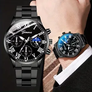 Reloj de cuarzo para hombre negro correa acero inoxidable números romanos estilo casual.