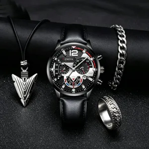 Herren Quarz Uhr Set Lederarmband Halskette Armband Ring stilvolles Mode Accessoire