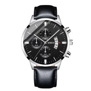Men's quartz watch with black dial silver stainless steel case and leather strap chronograph.