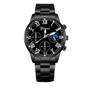 Reloj de cuarzo negro clásico para hombre con números romanos, correa metálica y estilo de negocios.