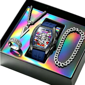 Men 4-piece jewelry set featuring a tonneau quartz watch, cross necklace, ring, and bracelet.