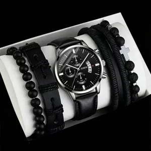 Fashion Men's Quartz Watch And Bracelet Set Leather Strap Three-Eye Dial Casual Business Watch Set For Men Jewelry Gift