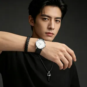 Men quartz watch minimalist leather strap black bracelet bullet necklace set detail view