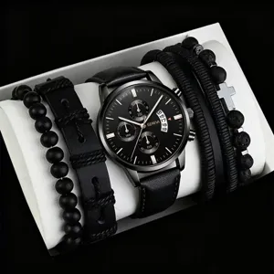 Men black quartz watch set with multiple braided leather and bead bracelets gift box.