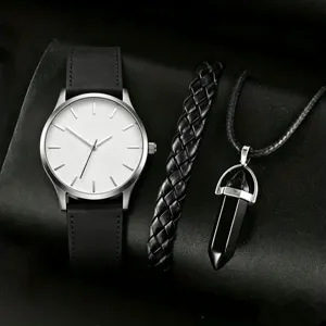 Men quartz watch set with minimalist dial, braided leather bracelet and crystal pendant necklace.