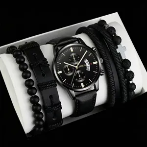 Detailed view of men's black quartz watch and beaded leather bracelet set in gift box.