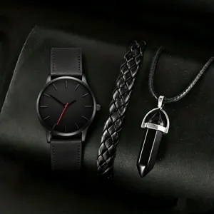 Men Business Quartz Watch Woven Faux Leather Bracelet Natural Stone Bullet Pendant Necklace Alloy Case Faux Leather Strap Wristwatch Collection