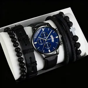 Men quartz watch and leather bracelet set with blue dial and cross charm for stylish daily wear.