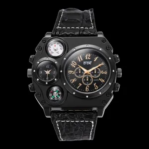 Ανδρικό ρολόι quartz με μεγάλο καντράν, μαύρο δερμάτινο λουράκι και πολλαπλά καντράν.