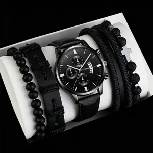 Men's black quartz watch set with stylish leather strap and stackable beaded bracelets.