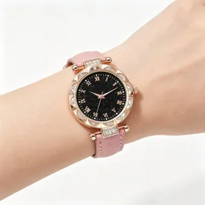 Montre Quartz Femme Bracelet Cuir Rose Ciel Étoilé Chiffres Romains Élégante Montre Poignet