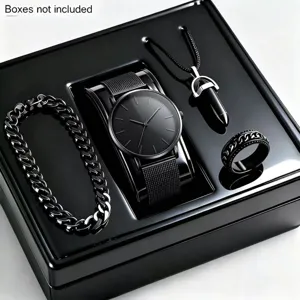 Herren schwarz Quarzuhr Set mit passender Armband Halskette und Ring minimalistischer Stil Geschenk