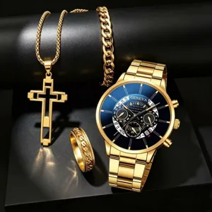 Heren Zakelijke Mode Quartz Horloge Set Met Legering Stalen Band Drie-Oog Kalender Horloge Kruis Ketting Armband Ring Vier-Delige Sieraden Set Voor Mannen Cadeau