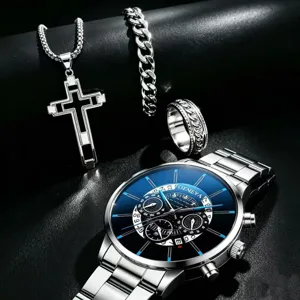 Heren business quartz horloge en sieraden set detail weergave met kruis ketting.