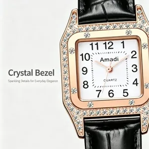 Montre Quartz Carrée pour Femme Lunette en Cristal Bracelet en Cuir Noir Élégante