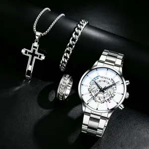 Heren luxe kwarts horloge set met roestvrij staal kruis ketting armband ring set