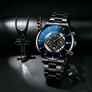 Heren roestvrij staal quartz horloge set met kruis ketting en ring, zwarte chronograaf wijzerplaat.