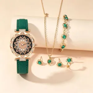 Vintage green quartz watch and heart green crystal jewelry set for women fashion gift.