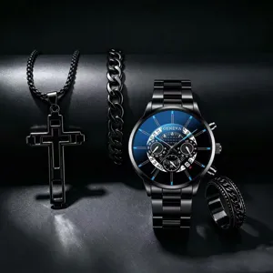 Gedetailleerd overzicht van heren zwarte quartz horloge, kruis ketting, armband set.