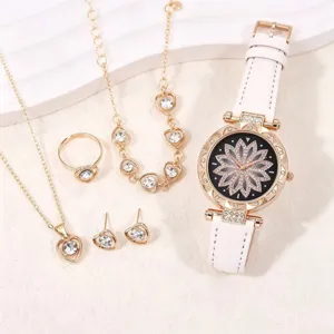 Women's quartz watch jewelry set with crystal flower dial and heart necklace earrings.