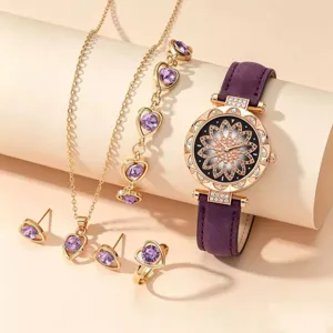 Elegant women quartz watch jewelry set with purple strap, necklace, bracelet, ring, earrings.
