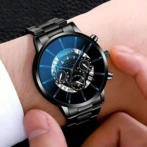 Stijlvol zwart heren quartz horloge met stalen band en groot wijzerplaat ontwerp voor dagelijks.