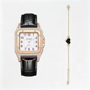 Détail montre carrée strass or rose avec bracelet cuir noir et bracelet pendentif cœur.