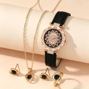 Women fashion quartz watch jewelry set with black leather strap and sparkling rhinestone dial.