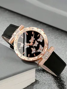 Orologio al quarzo da donna quadrante nero farfalla strass cassa oro rosa dettagli.