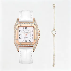Montre à Quartz de Luxe Mode pour Femme Strass Carré Boîtier en Alliage Bracelet en Similicuir Analogique Cadran Montre Bracelet Parure Bijoux