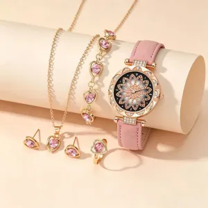 Women Quartz Watch And Jewelry Necklace Earrings Ring Bracelet Vintage Floral Dial Rhinestone Alloy Leather Watch Jewelry Gift