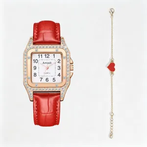 Montre quartz carrée élégante avec bracelet en cuir rouge et ensemble de bracelet cœur.