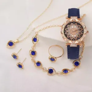 Luxury women quartz watch jewelry set with blue crystal floral dial, necklace, bracelet, ring.