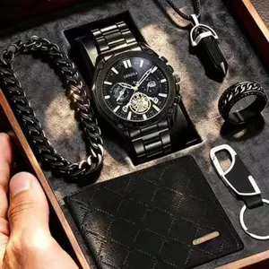 Herren Quarz Uhr Geschenkset mit Brieftasche Armband Ring Halskette in eleganter Box stil