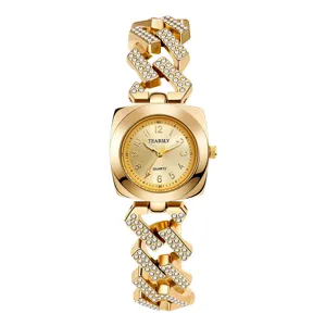 Elegante orologio da polso donna al quarzo oro con cinturino a catena di cristalli, quadrante.