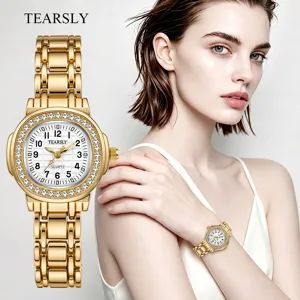 Luxus goldene Strass Quarz Damenuhr mit elegantem Armband und funkelnder Lünette