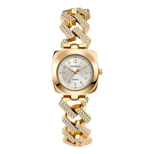 Lussuoso Orologio da Donna al Quarzo con Strass Quadrante Quadrato Cinturino a Catena Cubana Orologio a Bracciale Oro Argento Pietra Preziosa Intarsiata