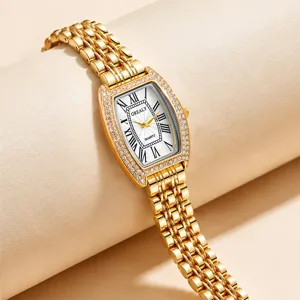 Montre quartz femme dorée tonneau strass chiffres romains élégante mode bracelet luxe