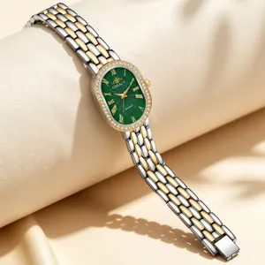 Elegant women's quartz watch with oval green diamond bezel and two-tone stainless steel strap.