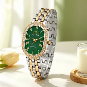 Elegant women's oval quartz watch with green dial, diamond bezel and two-tone steel strap.