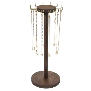 Expositor de collares de madera con ganchos dorados, soporte de joyería giratorio para tienda.