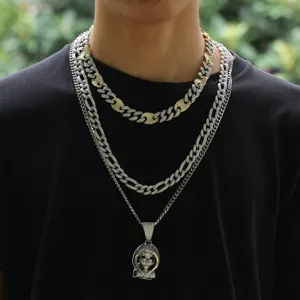 Heren hiphop ijzige cubaanse ketting gelaagde halsketting set schedel hanger koper zirkon