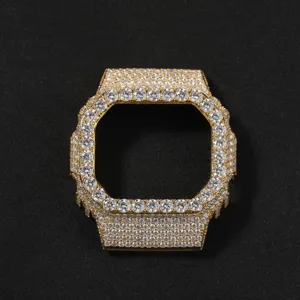 Iced out gold square watch case compatible with DW5600 full diamond bling protective bezel.