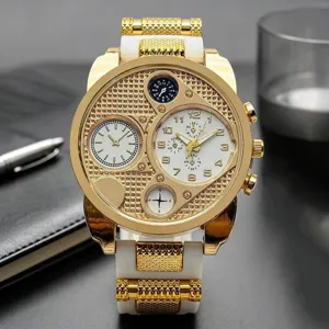Men oversized quartz watch luxury gold multi dial casual silicone strap sports timepiece stylish