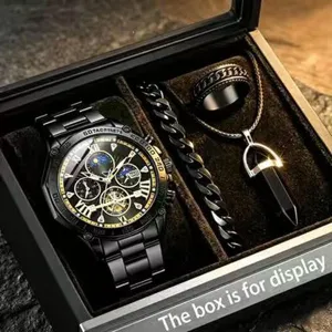 Herren Business Multifunktionale Quarz Uhr Set Legierung Titan Verschluss Stahlband Sternenhimmel Zifferblatt Mit Armband Ring Halskette Schmuckset