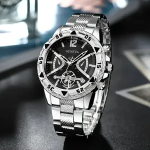 Orologio da uomo al quarzo con grande quadrante, cinturino in metallo e stile elegante.