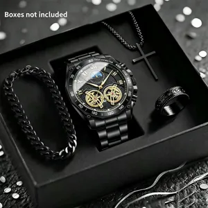 Set orologio uomo quarzo lusso affari quadrante scheletrato nero, bracciale e collana croce.
