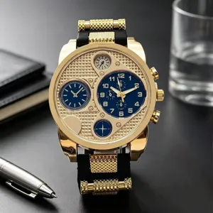 Men Casual Quartz Watch Alloy Case Silicone Strap Dual Time Zone Large Dial Wristwatch Multi Sub-Dials Sports Watch For Male