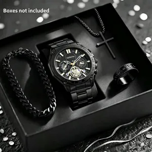 Set orologio da uomo al quarzo business con collana croce bracciale catena e anello.