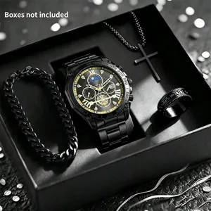 Set di orologio da polso uomo nero con collana croce bracciale e anello. Stile elegante da uomo.